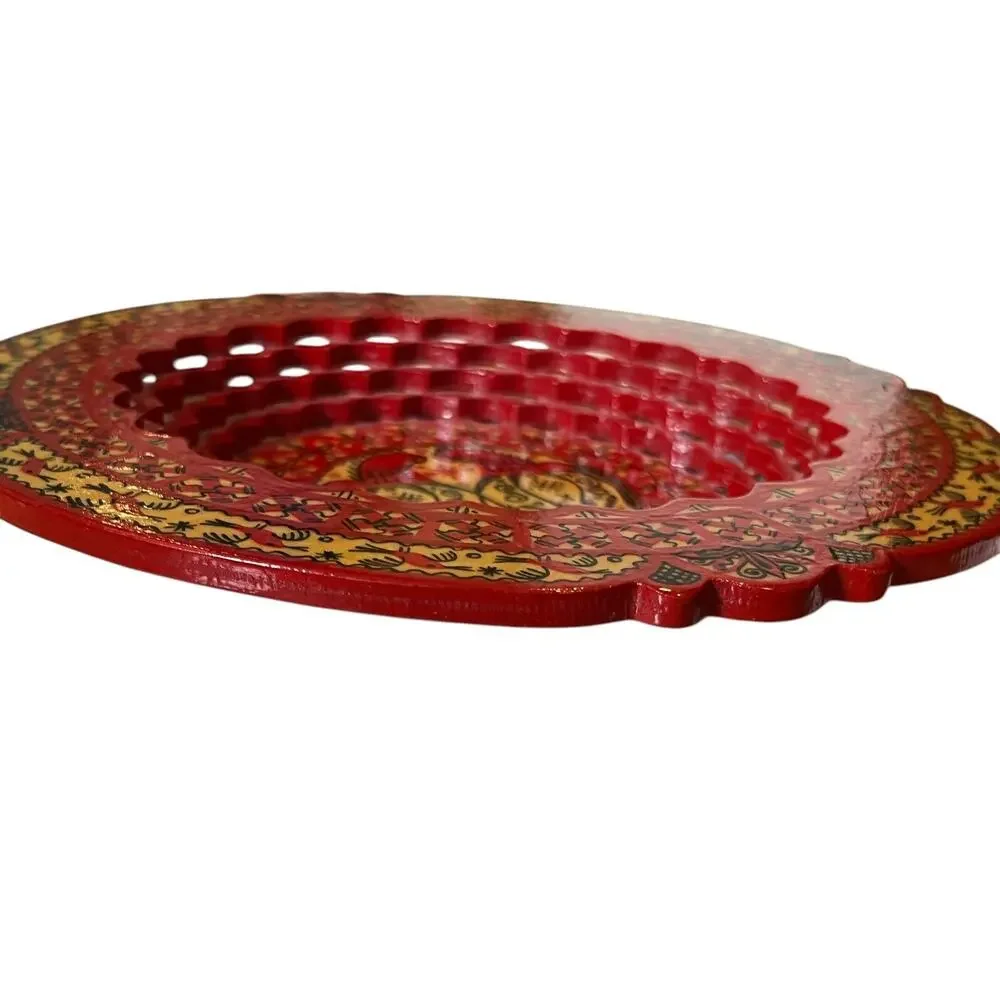 Russian VTG Wooden Dish Shallow Bowl Hand Painted Filigree Horses Folk Art 8.5”